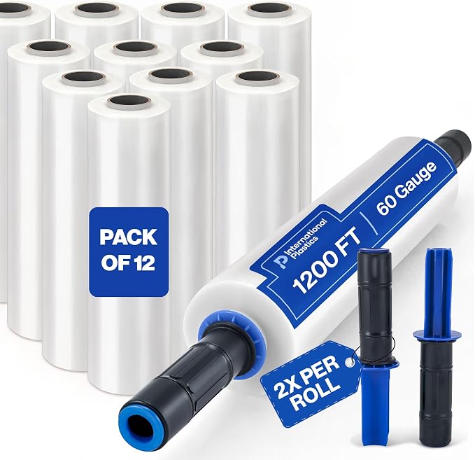 International Plastics Co. 12 Pack 15" Plastic Stretch Film Wrap with Extended Tension Handles 1200ft Each 500% Stretch Clear Cling Durable Adhering Packing Moving Heavy Duty Pallet Shrink
