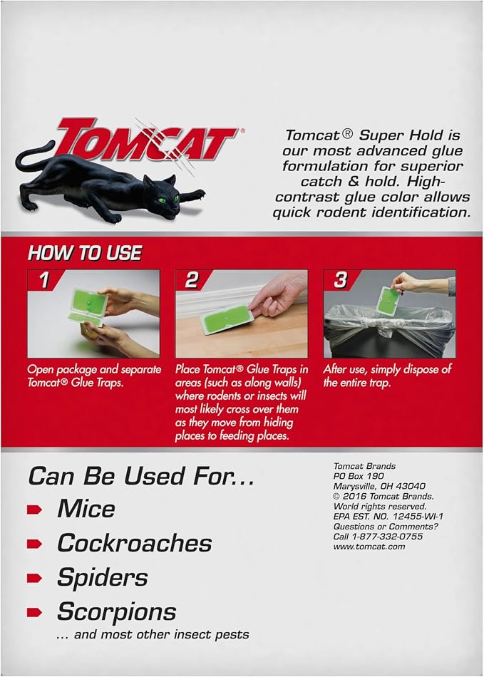Tomcat Super Hold Glue Traps Mouse Size, 4 Traps | For Mice, Cockroaches, Spiders, and Scorpions, Ready-To-Use