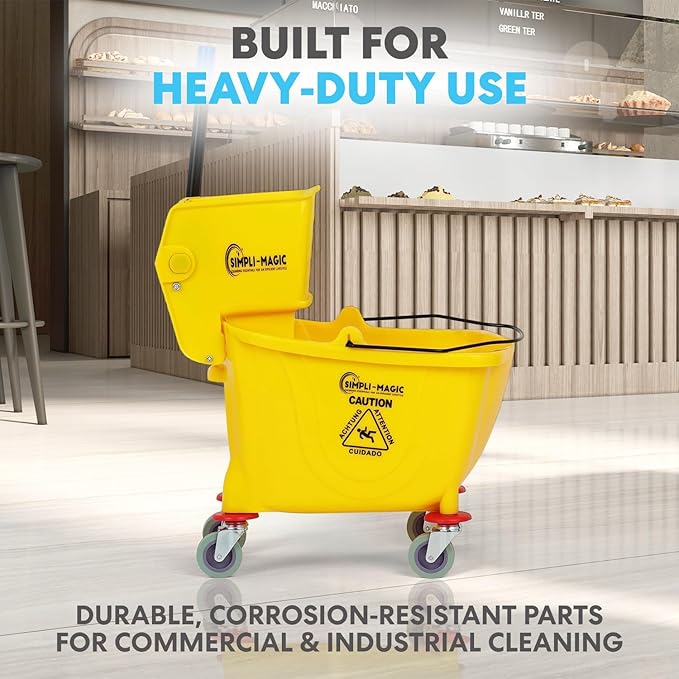 Simpli-Magic Side Press Wringer Combo Commercial Mop Bucket on Wheels, 35 Quart,Yellow, Including Wet Floor Caution Sign and Set, Polyethylene