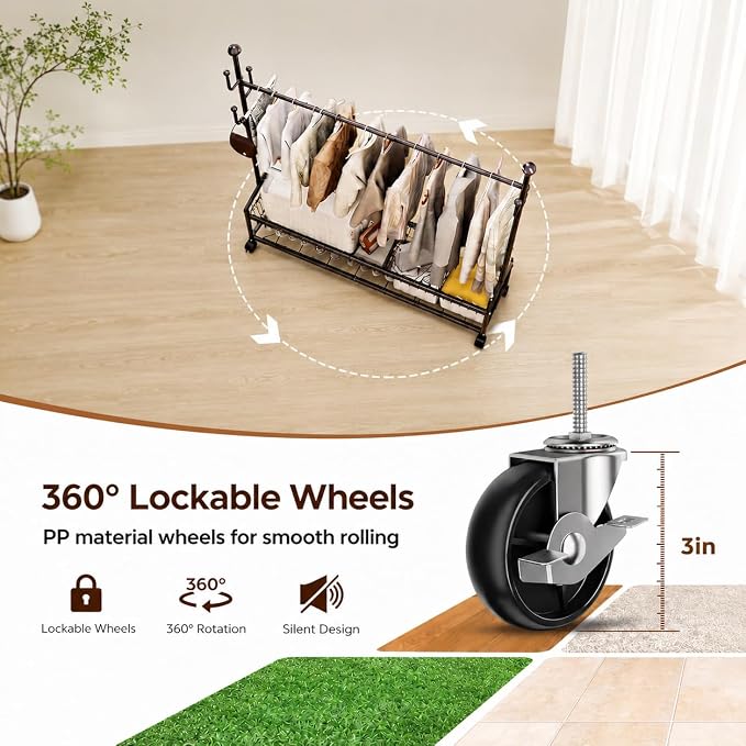 Rolling Clothes Drying Rack with Lockable Wheels, Heavy Duty Metal Laundry Drying Rack with 5 Hooks and 2-Tier Drying Shelves, Drying Rack Clothing for Indoor and Outdoor Use