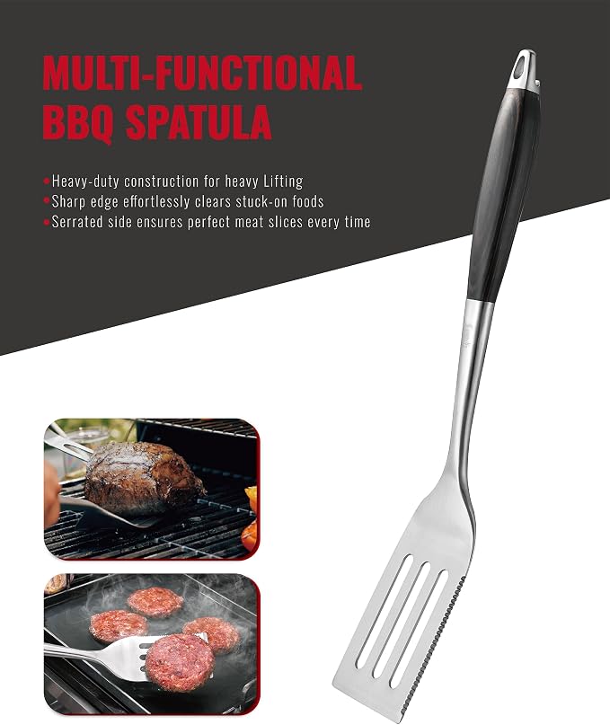 Grilaz Stainless Steel BBQ Tool Set | Dark-Dyed Wood Handles | Heavy Duty Grilling Accessories | 3-Piece Outdoor Barbecue Grill Utensil Set with Spatula, Fork, and Tongs - Ideal Gift for Men…