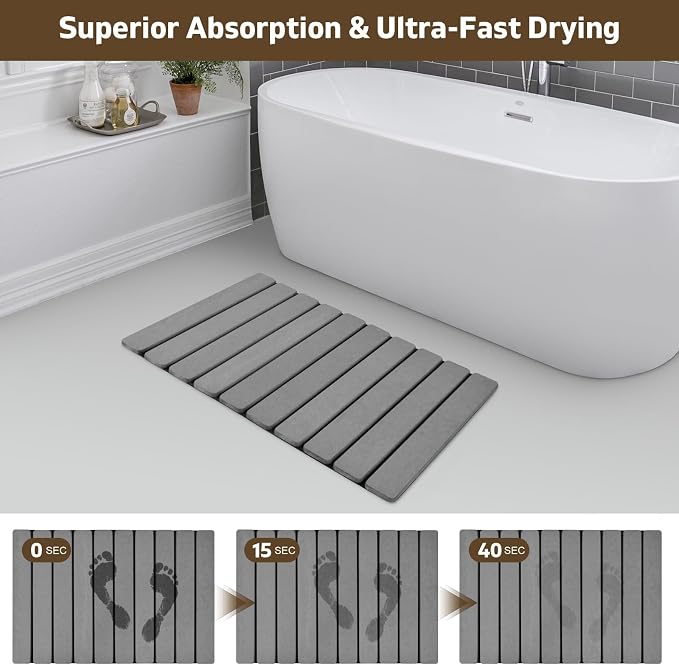 Foldable Stone Bath Mat, 2 PCS Quick-Dry Diatomaceous Earth Stone Drying Mat for Bathroom, Non-Slip Rubber Base, Shower Mat Outside Shower, Easy to Store, Easy to Clean (Grey 24"×16" & 8"x4")