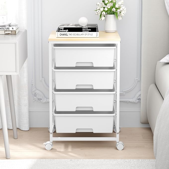 SYKIARIOL Utility Cart with 4 Drawers, Multipurpose Rolling Storage Cart with 4 Drawers and 2 Lockable Wheels, 4-Tier Rolling Storage Cart Organizer for Home Office Dorm, Bright White