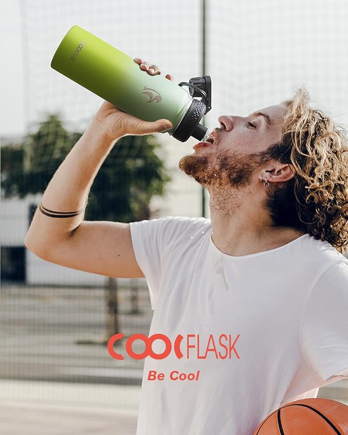 Coolflask Water Bottle 24 oz Insulated with Straw, Stainless Steel Metal 3 Lids Water Flask Wide Mouth for Sports or Office, Non-BPA Keep Cold Up to 48 Hrs or Hot Up to 24 Hrs, Ombre Green