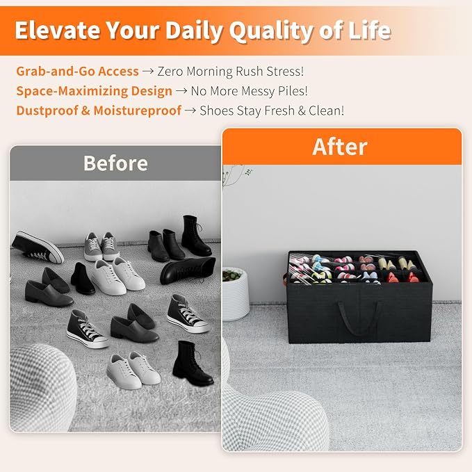 Aokeyee 2 Pack Shoe Organizer for Closet, Large Shoe Storage Box, Black | Fits up to 48 Pairs, Stackable, Space Saving, Foldable, Shoes Organizer Bin with Clear Cover, 4 Reinforced Handles