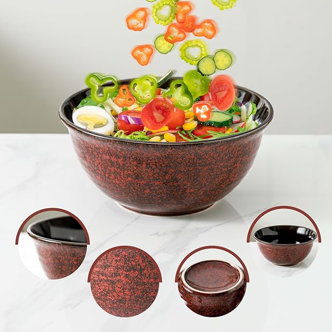 HASENSE Ceramic Mixing Bowls, Large Serving Dishes Set of 3 for Cooking, Baking, Prepping, Porcelain Nesting Bowls for Salads, Fruit, Popcorn, Cereal, 2.1/1.0/0.5 Qt, Dishwasher & Microwave Safe, Red