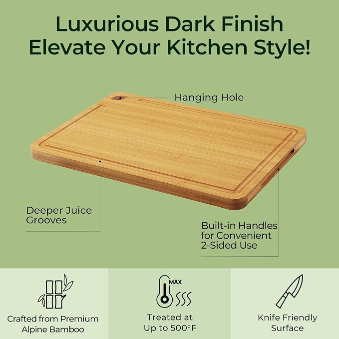 Keechee Natural Bamboo Cutting Board Set of 4, Wood Chopping Block Set | Deep juice grooves, built-in handles, four piece set for meat cutting, veggie prep and serving