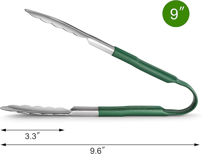 New Star Foodservice 9 Inch Utility Spring Tongs, Set of 12, Commercial Restaurant Grade Stainless Steel Tongs with Green Vinyl Coated Handles