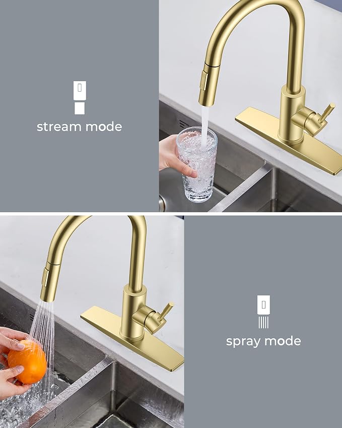 FORIOUS Gold Kitchen Faucet with Soap Dispenser, High Arc Modern Sink Faucet with Pull Down Sprayer and Deck Plate Fit for 1 or 3 Hole for Pot Filler Bar Farmhouse Laundry Rv, Brushed Gold