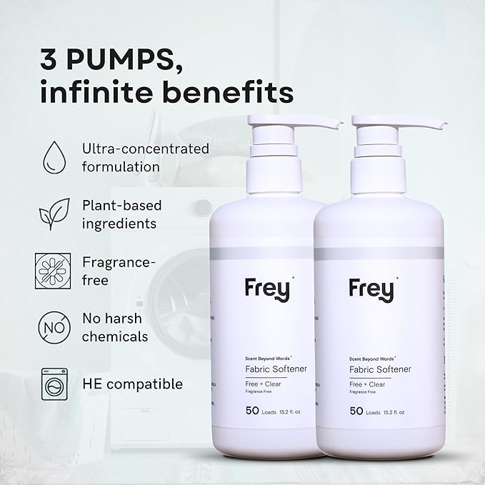 FREY Natural Liquid Fabric Softener and Conditioner | HE Laundry Softener for All Machines | Plant-Powered Eco Friendly Formula | 2-Pack, Fragrance Free