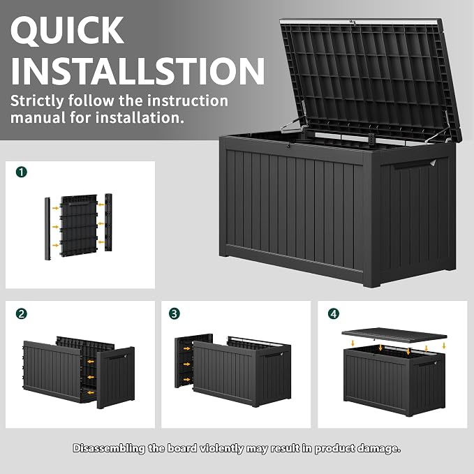 280 Gallon Outdoor Storage Box, Resin Deck Boxes Indoor and outdoor, Waterproof Storage Box Lockable Lid for Garden Tools, Package Delivery, Patio Cushions, Black