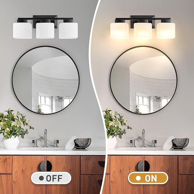 EJIAXIN 3-Light Bathroom Light Fixtures - Black Bathroom Vanity Lights with Frosted Glass Shade Modern Bathroom Lighting Fixtures Over Mirror - Wall Sconce Lamps for Bedroom,Living Room,Hallway