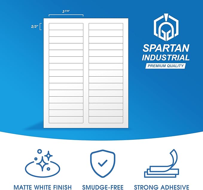 3 7/16" X 2/3" Matte White Printable Labels (250 Sheets, 7500 Stickers) File Folder, Address, Mailing Labels for Laser & Inkjet Printers - Spartan Industrial Template R012