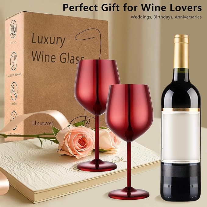 UNISWEET Unbreakable Stainless Steel Wine Glasses Set of 4, Mirror Red | 17oz Unique Fancy Metal Wine Goblets, Shatterproof, Ideal for Outdoor, Camping, Travel, Pool, Great Gift for Wine Lovers