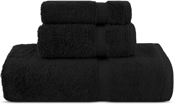 Chakir Turkish Linens Personalized 3 Piece Towel Set, 100% Cotton Luxury Turkish Towels for Bathroom, Soft Absorbent Towel Set with Bath Towel Hand Towel and Washcloth, Black
