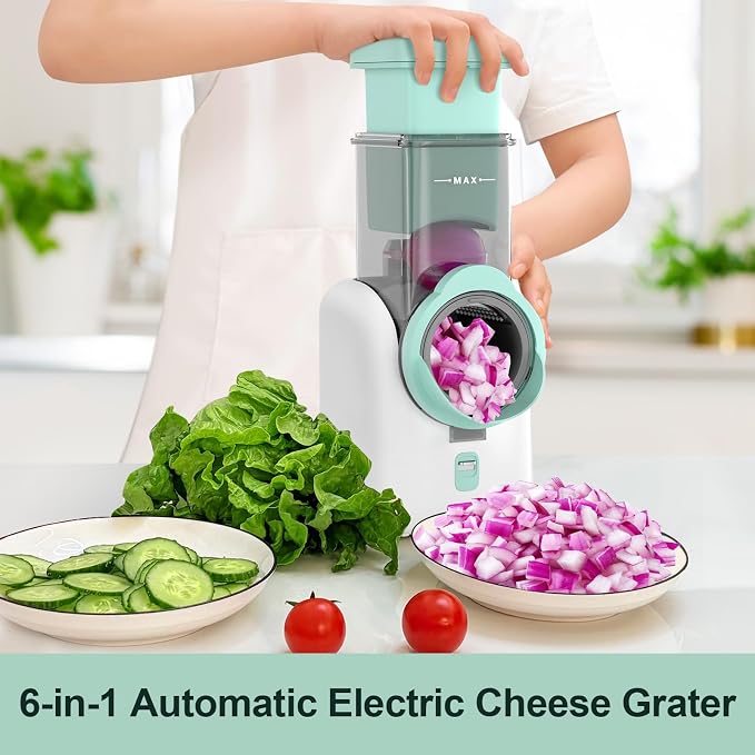 Upgraded Electric Cheese Shredder, Automatic Cheese Grater Electric with 6 Interchangeable Blades, 6 in 1 Electric Cheese Grater for Cheese, Fruits, and Vegetables