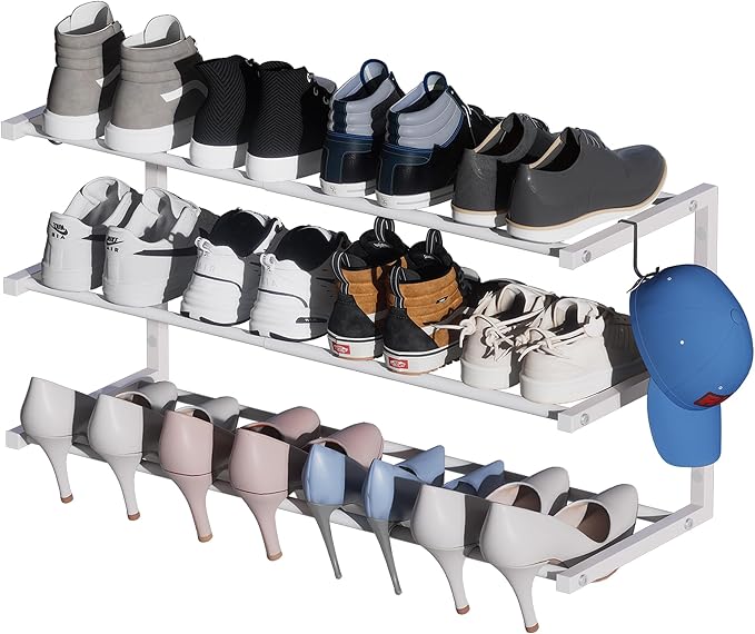 Wall Mounted Shoe Rack, 3 Tier Hanging Shoe Rack Holds 12 Pairs, 17"-30" Adjustable Heavy Duty Metal Shoe Organizer Holder with 2 Storage Hooks, Space Saving for Closet Entryway Doorway（White