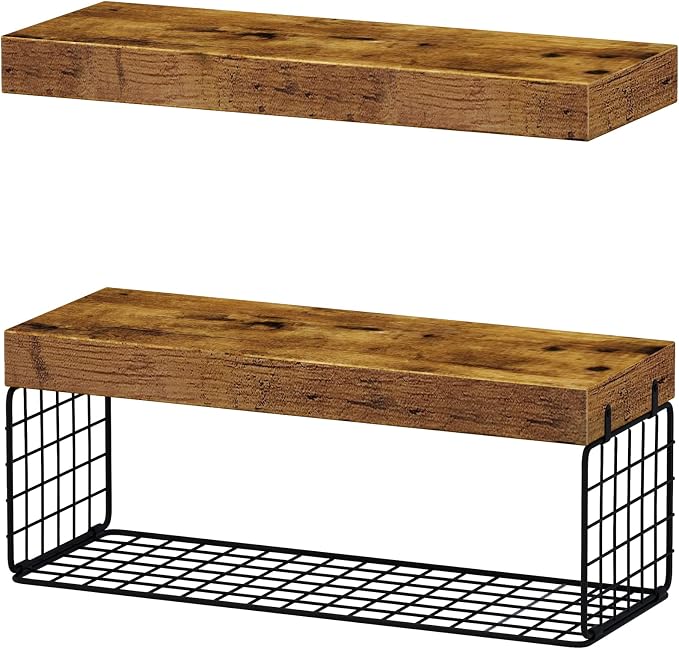 QEEIG Bathroom Shelves Over Toilet - Wall Mounted Floating Shelves Toilet Paper Storage Small Farmhouse Decor Shelf 16 inch Set of 2, Rustic Brown (019-BN2)