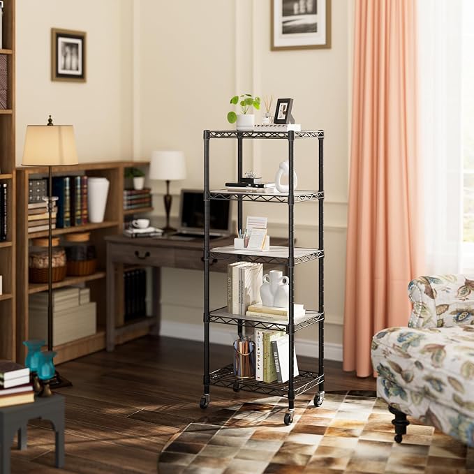 Golpart Small 5 Tier Shelves Storage Wire Shelving Unit Metal Shelf Adjustable Organizers Storage Shelving with Wheels for Bathroom Laundry Room Kitchen Pantry11.7”D x 17.7”W x 57.2”H Black