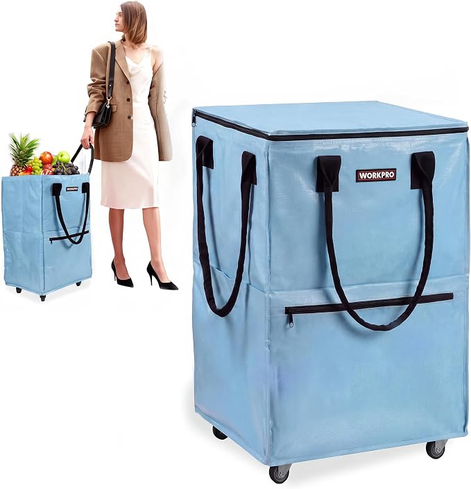 WORKPRO Large Rolling Grocery Bag, 36-Gallon Rolling Tote with 5 Wheels | Reusable Grocery Bag on Wheels, Holds Up to 110 lbs, Heavy Duty Rolling Tote for Groceries, Laundry, Moving & Back to School