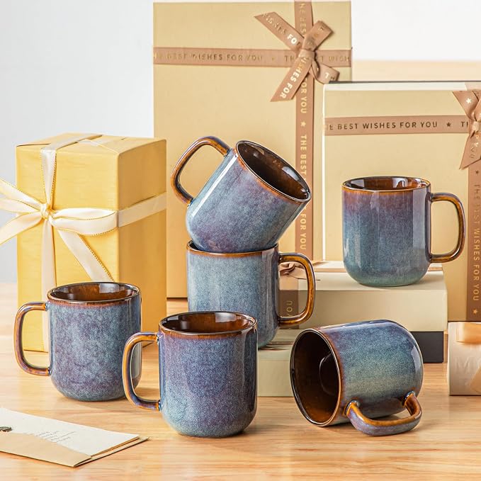vancasso 16 oz Coffee Mugs Set of 6, Large Ceramic Mug with Handle, Unique Glaze Coffee Cups for Latte, Cappuccino & Hot Cocoa, Dishwasher & Microwave Safe, Blue, Series ONION