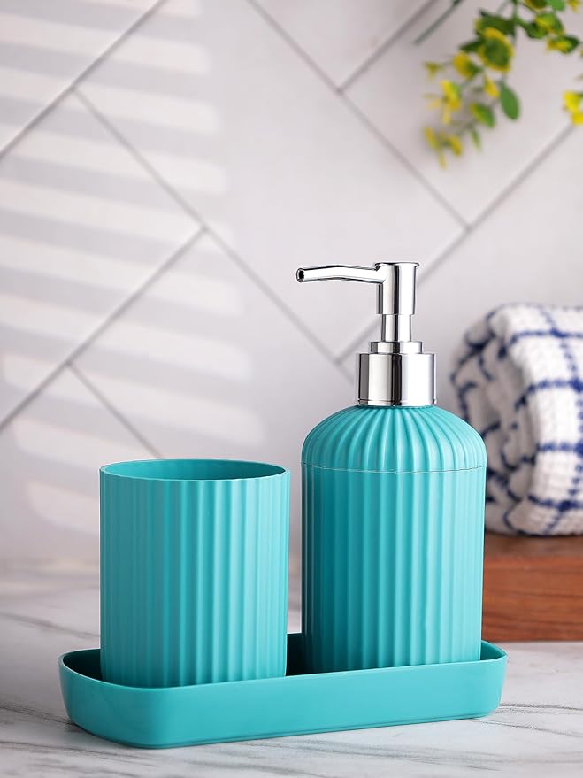 Bathroom Accessories Set, Toothbrush Holder, Liquid Soap Dispenser & Tray, Unbreakable Plastic Organizer for Sink & Bathroom Essentials, Handwash, Sanitizer, Shampoo, Lotion (Blue,Pack of 3)