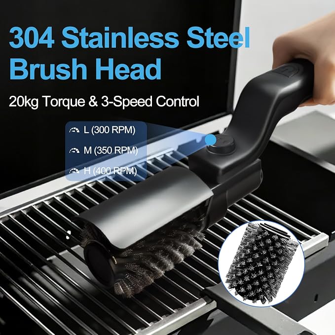 Electric Grill Brush, High Torque Grill Brush with Rechargeable 3-Speed Modes, 180° Adjustable Stainless Steel Replaceable Brush Head, Fit for Outdoor Camping and Barbecuing