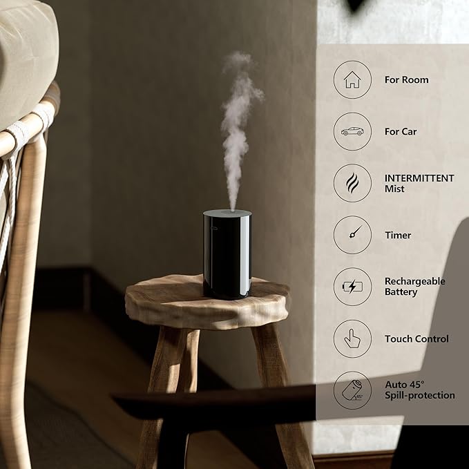 Airversa AN8 Waterless Diffuser for Essential Oil for Home, Room, Black | Up to 600 sq ft, Battery Operated, 20mL, Timers & Mist Levels, Car Diffuser, for Office, Bathroom, Cold Air, Portable