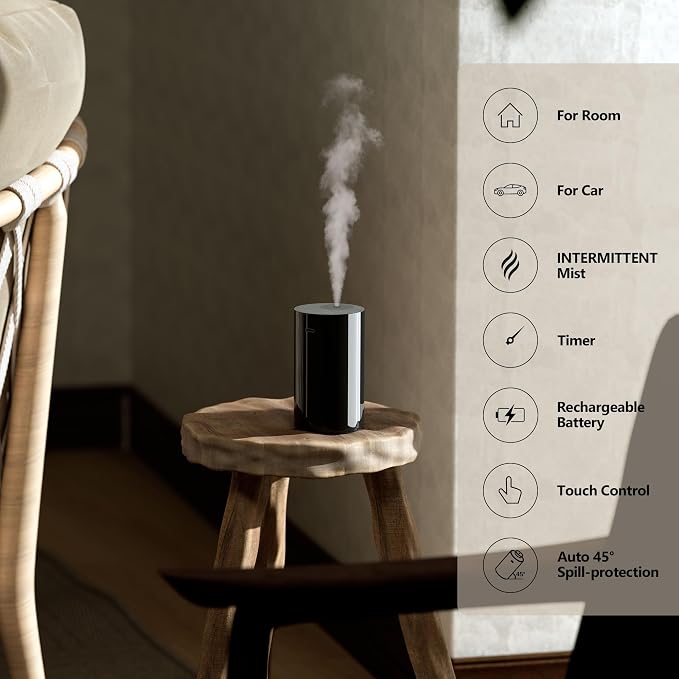 Airversa AN8 Waterless Diffuser for Essential Oil for Home, Room, White | Up to 600 sq ft, Battery Operated, 20mL, Timers & Mist Levels, Car Diffuser, for Office, Bathroom, Cold Air, Portable