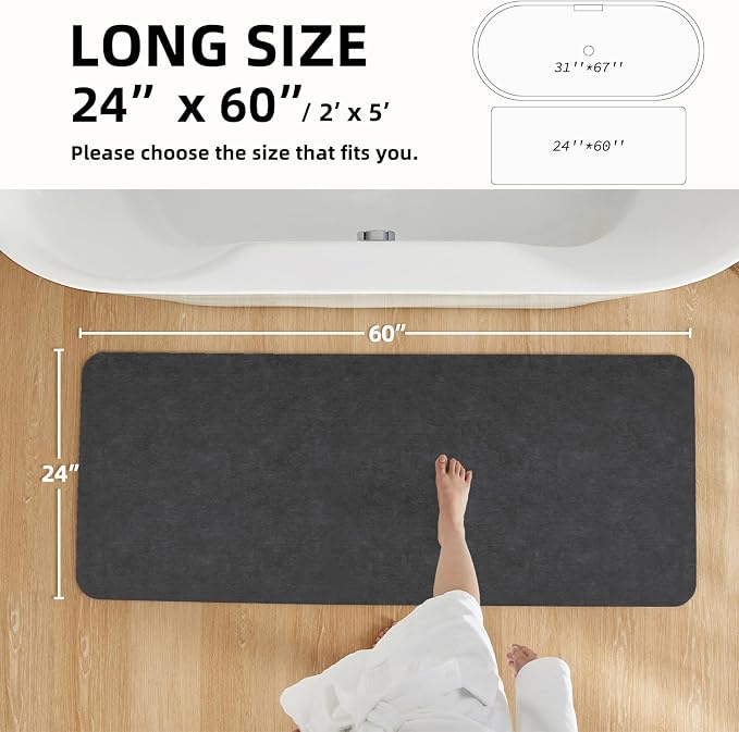 TYUU Bath Mat, Bathroom Rugs Non Slip Washable Thin Absorbent Quick Dry Bath Mat Fits Under Door Bathroom Floor Mat Perfect for Bath, Shower, or Sink 24"x60" Dark Grey