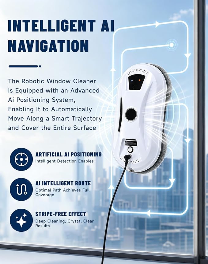 Automatic Window Cleaning Robot, Robot Window Cleaner with AI Intelligent Positioning & Edge Detection & Powerful Suction, Anti-Drop Safety for High-Rise Glass & Large Bay Windows