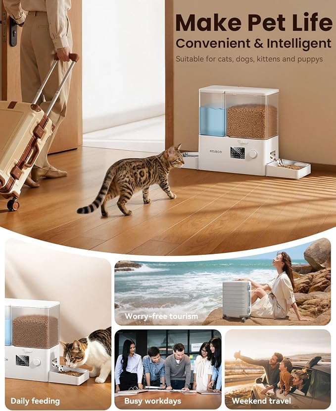 2-in-1 Automatic Cat Feeder & Water Dispenser,WiFi Control Feeding | 2.4G WiFi APP/Timed Feeding/5L Food Feeder,3.5L Water Fountain/Stainless Steel Bowls/Detachable Clean/White