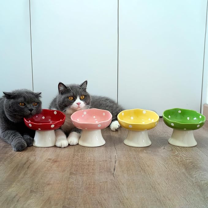 4PCS Multi-Color Mushroom Cat Bowl Set, Elevated Ceramic Bowls for Cats | Multi-Color, Cute, Elevated, Ceramic, Whisker Friendly, Anti Vomiting