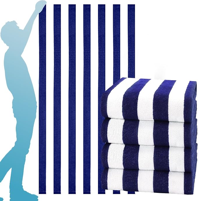4 Packs Extra Large Bath Towels Striped Beach Towel Set Bathroom Sheets Bulk Oversized XL Big Fluffy Absorbent Microfiber Soft Blanket Turkish Hotel Shower Pool Hot Tub Toallas Baño Grandes Blue Navy