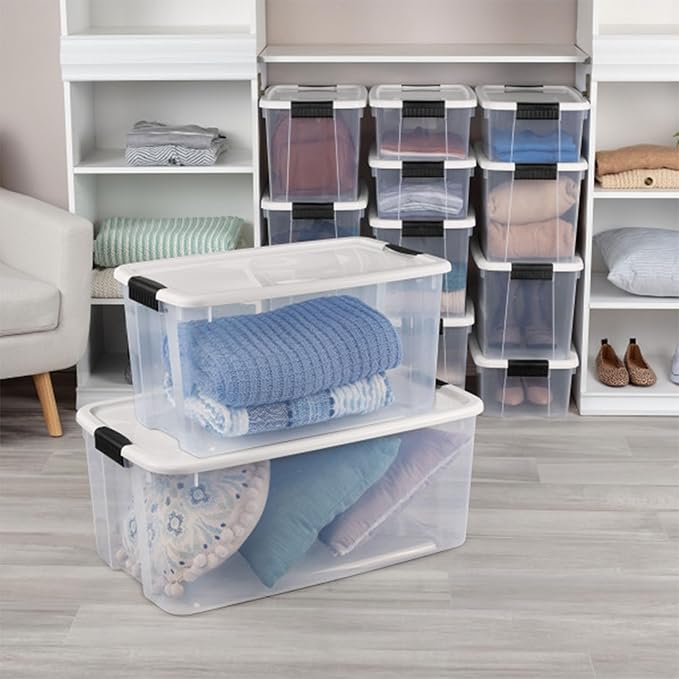 Sterilite 16-Pack Ultra Latching Box, Storage Bins with Lids, Clear Plastic, 70 Quart - Heavy-Duty Organizing Containers for Closet, Bathroom, and Office