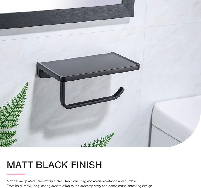 TRUSTMI Toilet Paper Holder with Phone Shelf Solid Metal Bathroom Hardware Accessories Tissue Roll Dispenser Storage Wall Mounted, Matte Black