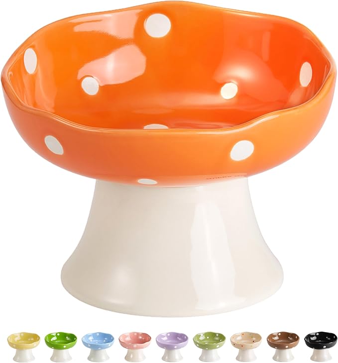 Orange Mushroom Cat Bowl, Elevated Ceramic Bowl for Cats | Elevated, Ceramic, Whisker Friendly, Anti Vomitin,Cute Mushroom Design