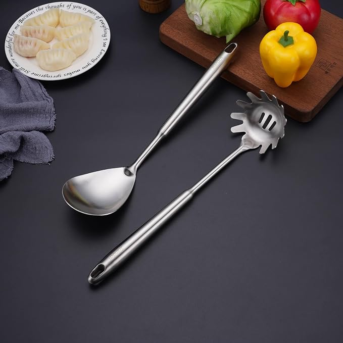 6 PCS All Metal Cooking Utensils Set - 18/10 Stainless Steel Kitchen Tools | Professional Cooking Spoons Set, 15" Spatula, Ladle, Skimmer Spoon, Pasta Serve, Large Spoon, Slotted Spatula Turner