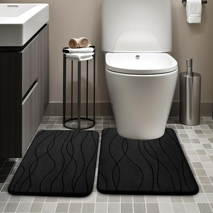 YIHOUSE Bathroom Rugs Set 2 Piece, Memory Foam Bath Mat Black | U Shaped+Small Mat, Ultra Soft, Absorbent, Non-Slip, Machine Washable, for Bathroom, Sink and Toilet