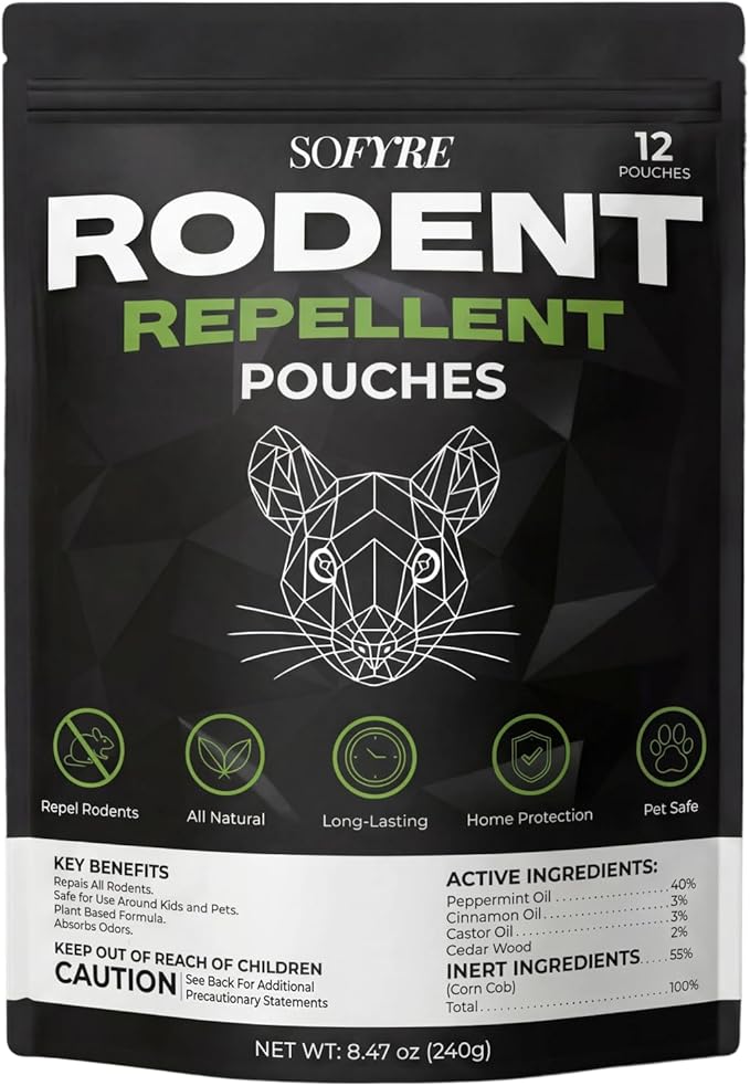 SoFyre Rodent Repellent Pouches 12-Pack Mouse Repellent for Home RV Garage Car Basement, Mice Indoor & Outdoor Deterrent, Peppermint Cinnamon Cedarwood Rat Repellent, Plant-Based Natural Pest Control