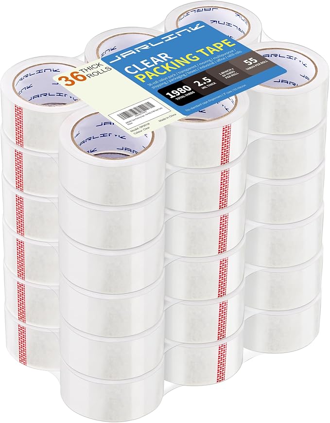 JARLINK 36 Rolls Clear Packing Tape, Heavy Duty Packaging Tape | 1.88 Inches Wide and 55 Yards per Roll, 1980 Total Yards. Value Bulk Pack Clear Box Sealing Tape for Shipping