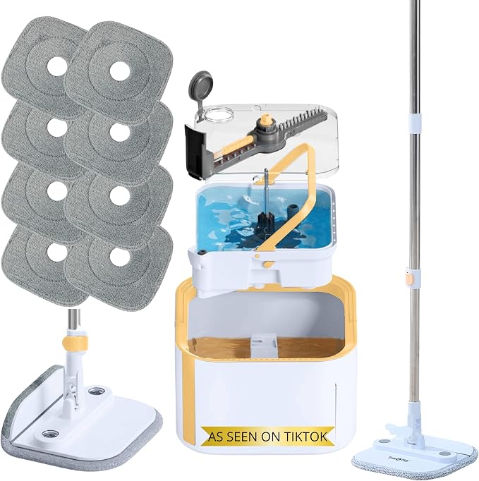 True & Tidy Square Spin Mop with Detachable Bucket, 8 Machine Washable Pads