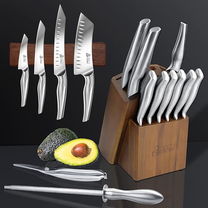 16-Piece Knife Set, High-Carbon Stainless Steel, Dishwasher Safe | Razor Sharp Knife Block Set, Silver Kitchen Knife Set with Block and Sharpener, Ergonomic Hollow Handles