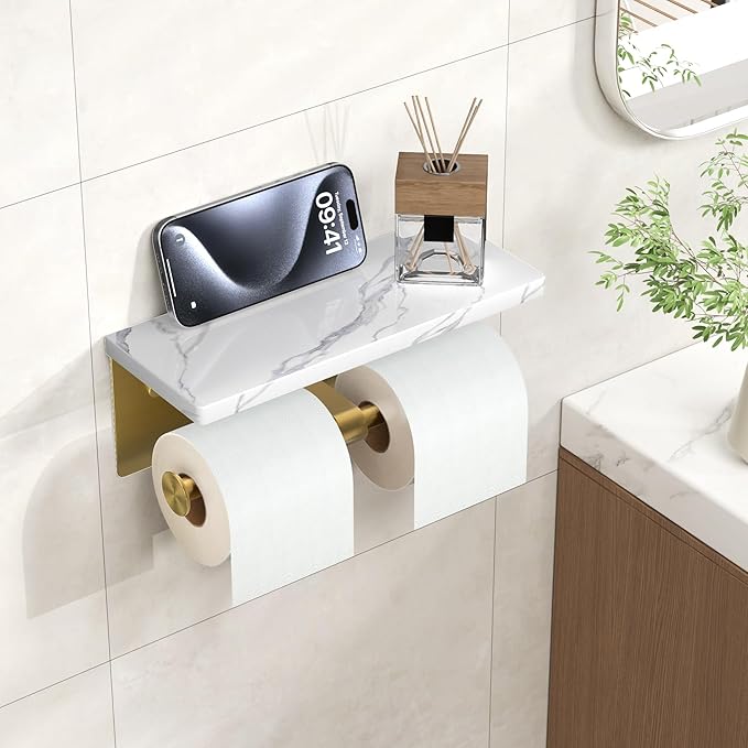 FORIOUS Toilet Paper Holder with Shelf, Marble Wall Mount Tissue Roll Holder for Bathroom, Washroom, 304 Stainless Steel Double Commercial Toilet Tissue Dispensers with Phone Shelf, Brushed Gold