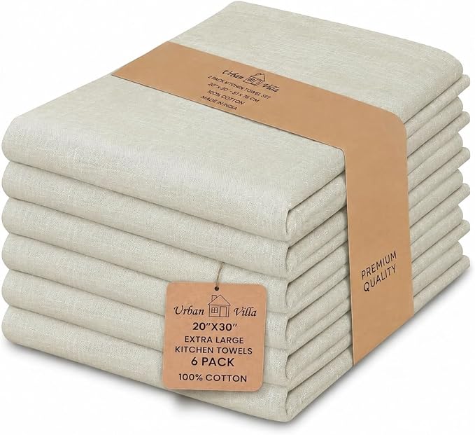 Urban Villa Harvest Kitchen Towels Premium Quality 100% Cotton Solid Kitchen Towels Set of 6 Ultra Soft Size 20X30 Inches Chambray Beige/White Color Kitchen Towel Highly Absorbent Kitchen Towels