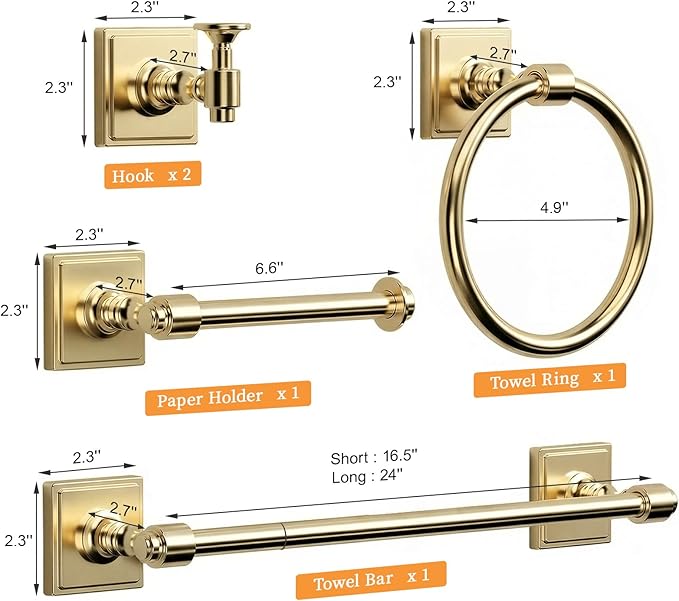VEHCIL Champagne Gold Bathroom Towel Bar Set, 5 Piece Bathroom Hardware Accessory Set, SUS304 Stainless Steel 24" Towel Rack Holder Set for Bathroom, Wall Mounted