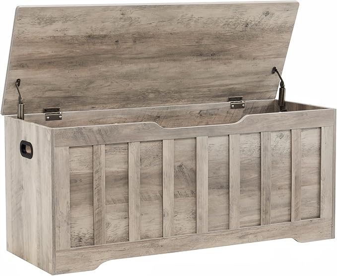 VANKILEY 43.3" Storage Chest Extra Large,Storage Trunk with 2 Safety Hinges,Wooden Storage Bench,Shoe Bench,43.3x15.7x19.1 Inch,Easy Assembly,Storage Bench for Bedroom,Living Room,entryway(Greige)