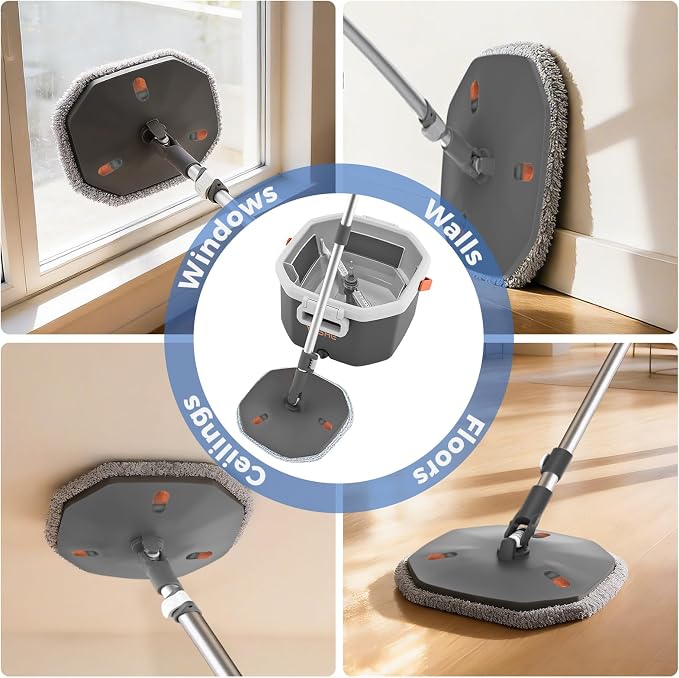 Spin Mop and Bucket Set with Wringer, Hands-Free Floor Mop System | Clean & Dirty Water Separation, Hands-Free Wringing, 360° Spin Mop Head, Detachable Bucket
