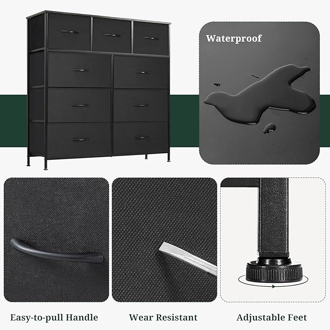 9-Drawer Dresser for Bedroom, Anti-Tip Tall Storage Organizer Chest of Drawers with Wooden Top and Metal Frame Fabric Bins for Closet, Living Room, Hallway, Entryway, Black