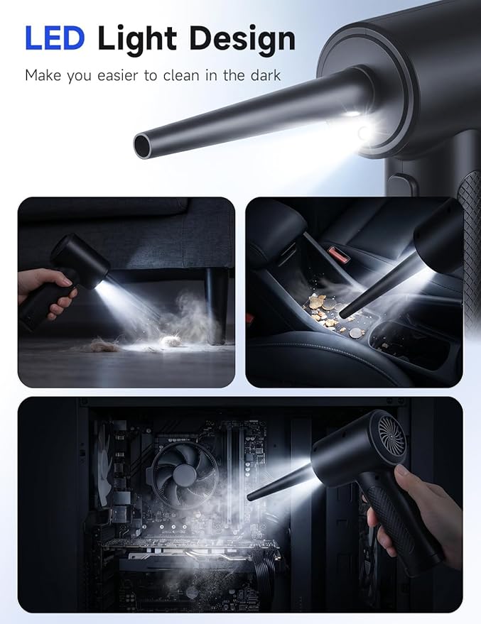 Compressed Air Duster, 100000RPM Electric Air Duster for Computer Keyboard, 6000mAh Rechargeable Cordless Air Blower with LED Light, Fast Charge Portable Air Can for PC Cleaning